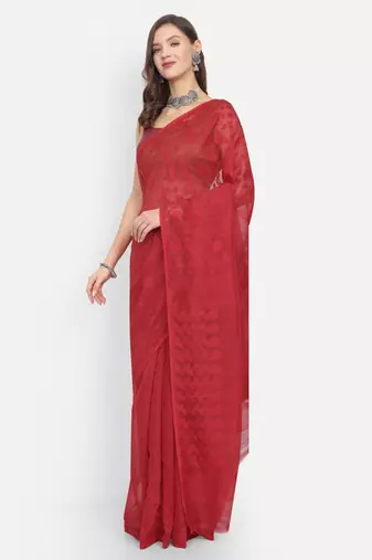 Bengal Handloom Soft Dhakai Saree (Red) Without Blouse