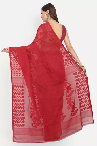 Bengal Handloom Soft Dhakai Saree (Red) Without Blouse