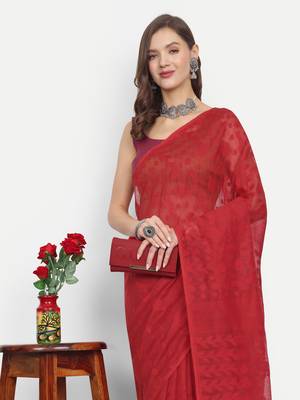 Bengal Handloom Soft Dhakai Saree (Red) Without Blouse 4