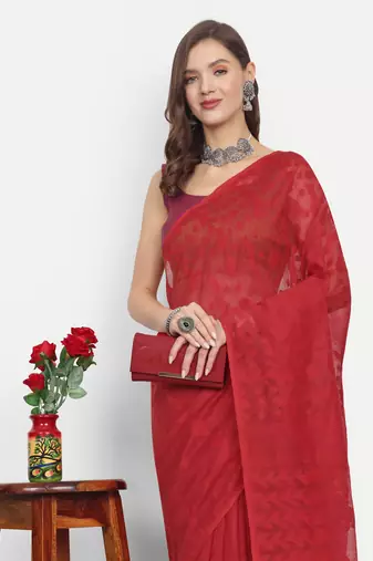 Bengal Handloom Soft Dhakai Saree (Red) Without Blouse