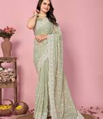 Olive Embroidered Work Georgette Saree With Blouse