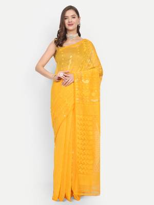 Bengal Handloom Soft Dhakai Saree (Yellow) Without Blouse 1
