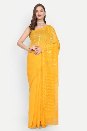 Bengal Handloom Soft Dhakai Saree (Yellow) Without Blouse