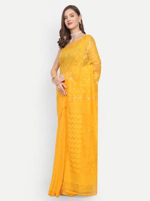 Bengal Handloom Soft Dhakai Saree (Yellow) Without Blouse 2