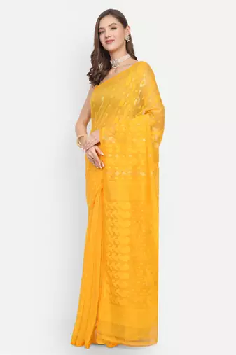 Bengal Handloom Soft Dhakai Saree (Yellow) Without Blouse