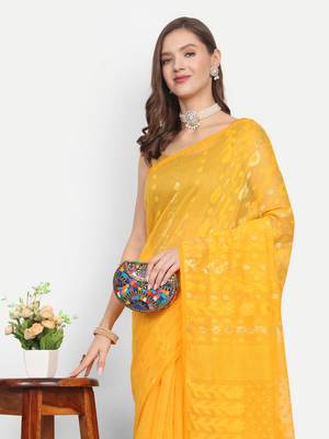 Bengal Handloom Soft Dhakai Saree (Yellow) Without Blouse 4