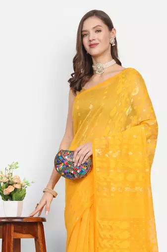 Bengal Handloom Soft Dhakai Saree (Yellow) Without Blouse