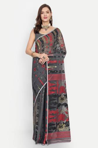 Bengal Handloom Soft Dhakai Saree Padma Lata (Black) Without Blouse
