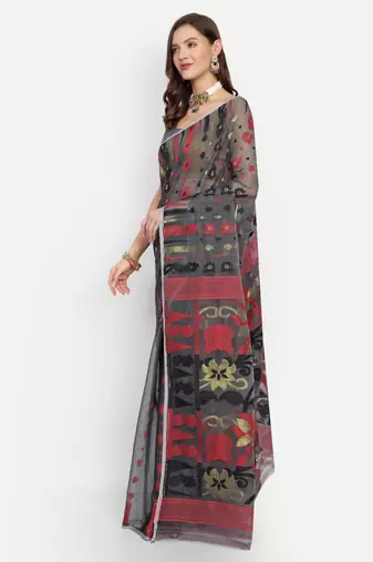 Bengal Handloom Soft Dhakai Saree Padma Lata (Black) Without Blouse