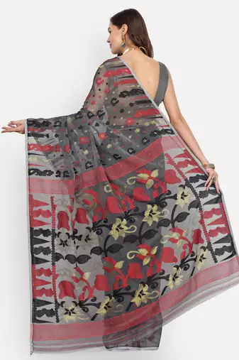 Bengal Handloom Soft Dhakai Saree Padma Lata (Black) Without Blouse
