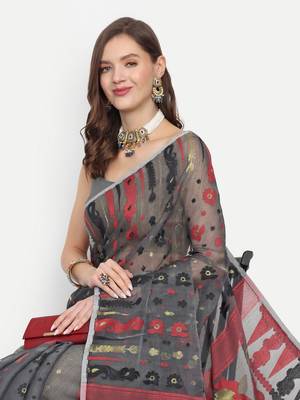 Bengal Handloom Soft Dhakai Saree Padma Lata (Black) Without Blouse 4