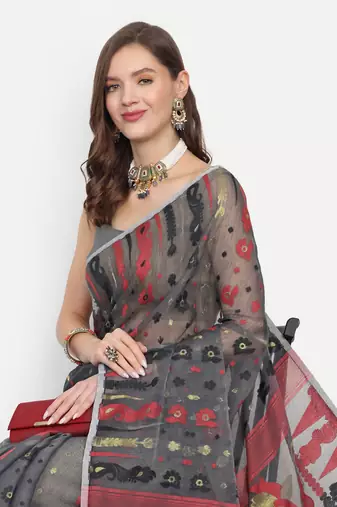 Bengal Handloom Soft Dhakai Saree Padma Lata (Black) Without Blouse
