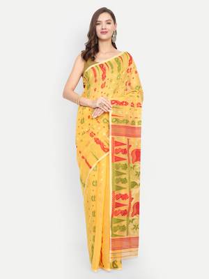 Bengal Handloom Soft Dhakai Saree Padma Lata (Yellow) Without Blouse 1