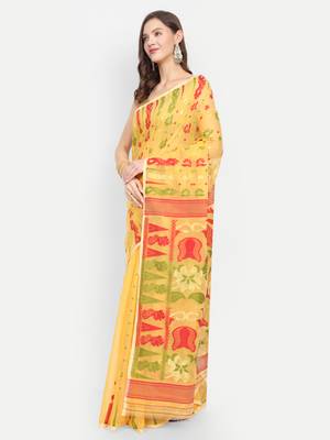 Bengal Handloom Soft Dhakai Saree Padma Lata (Yellow) Without Blouse 2