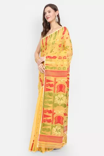 Bengal Handloom Soft Dhakai Saree Padma Lata (Yellow) Without Blouse