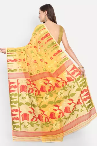 Bengal Handloom Soft Dhakai Saree Padma Lata (Yellow) Without Blouse