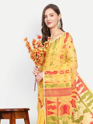 Bengal Handloom Soft Dhakai Saree Padma Lata (Yellow) Without Blouse 4