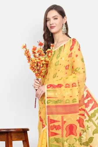 Bengal Handloom Soft Dhakai Saree Padma Lata (Yellow) Without Blouse