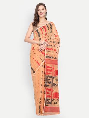 Bengal Handloom Soft Dhakai Saree Padma Lata (Beige) Without Blouse 1