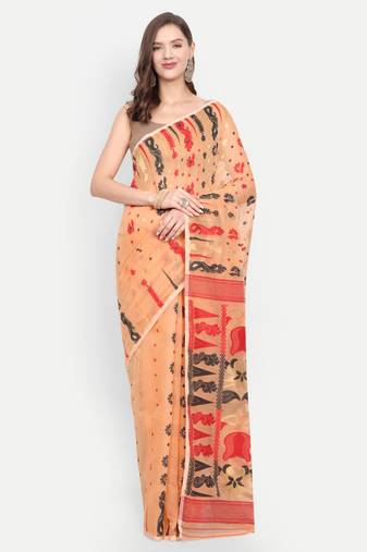 Bengal Handloom Soft Dhakai Saree Padma Lata (Beige) Without Blouse