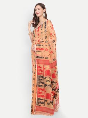 Bengal Handloom Soft Dhakai Saree Padma Lata (Beige) Without Blouse 2