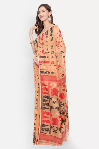 Bengal Handloom Soft Dhakai Saree Padma Lata (Beige) Without Blouse
