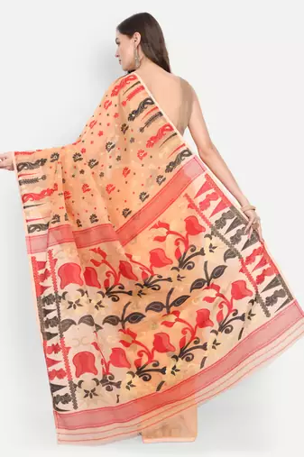 Bengal Handloom Soft Dhakai Saree Padma Lata (Beige) Without Blouse