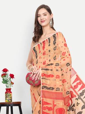 Bengal Handloom Soft Dhakai Saree Padma Lata (Beige) Without Blouse 4