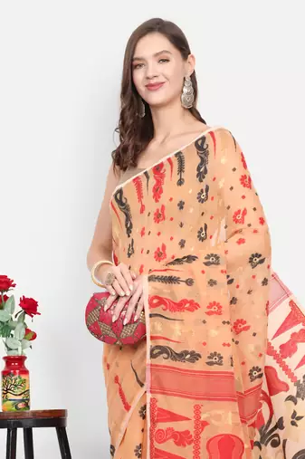 Bengal Handloom Soft Dhakai Saree Padma Lata (Beige) Without Blouse