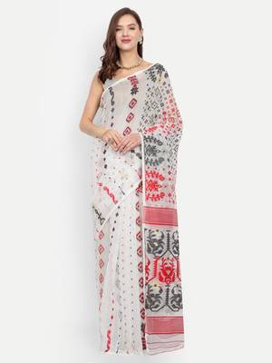 Bengal Handloom Soft Gap Dhakai Saree (White Red) Without Blouse 1