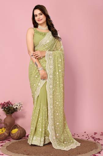Light Green Embroidered Work Georgette Saree With Blouse