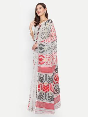 Bengal Handloom Soft Gap Dhakai Saree (White Red) Without Blouse 2
