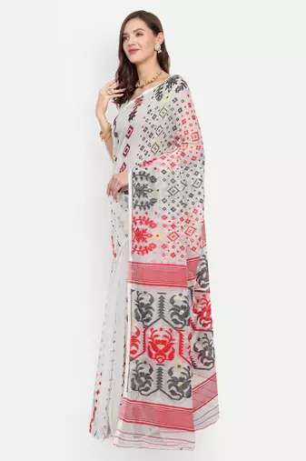 Bengal Handloom Soft Gap Dhakai Saree (White Red) Without Blouse
