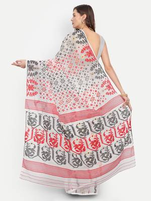 Bengal Handloom Soft Gap Dhakai Saree (White Red) Without Blouse 3