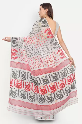 Bengal Handloom Soft Gap Dhakai Saree (White Red) Without Blouse