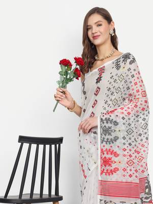 Bengal Handloom Soft Gap Dhakai Saree (White Red) Without Blouse 4