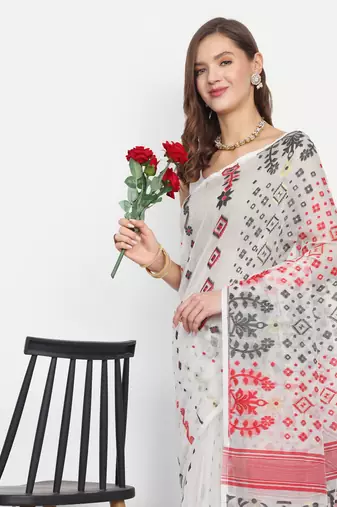 Bengal Handloom Soft Gap Dhakai Saree (White Red) Without Blouse