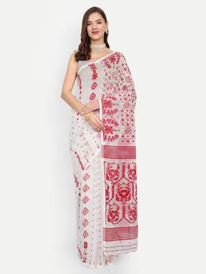 Bengal Handloom Soft Gap Dhakai Saree (White) Without Blouse 1