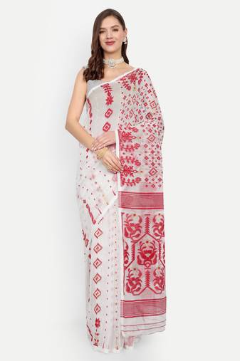 Bengal Handloom Soft Gap Dhakai Saree (White) Without Blouse