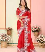 Red Embroidered Work Poly Silk Blend Saree With Blouse