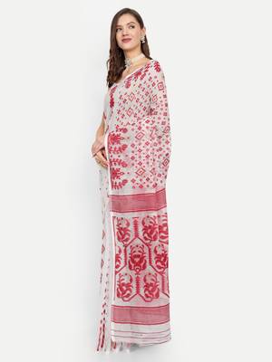 Bengal Handloom Soft Gap Dhakai Saree (White) Without Blouse 2