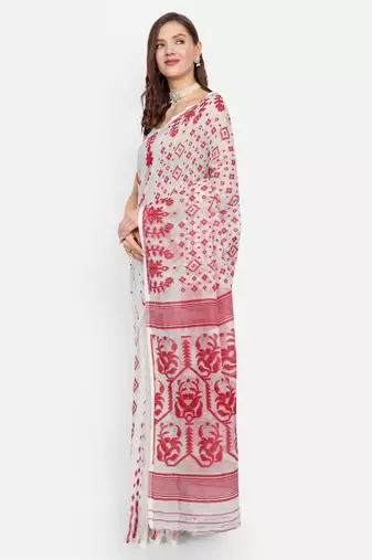 Bengal Handloom Soft Gap Dhakai Saree (White) Without Blouse