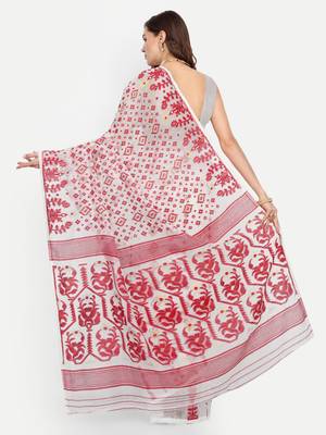Bengal Handloom Soft Gap Dhakai Saree (White) Without Blouse 3