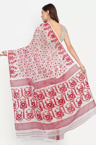 Bengal Handloom Soft Gap Dhakai Saree (White) Without Blouse