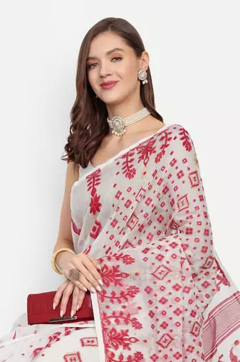 Bengal Handloom Soft Gap Dhakai Saree (White) Without Blouse