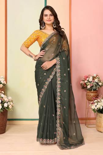 Green Embroidered Work Organza Saree With Blouse