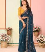 Turquoise Embroidered Work Organza Saree With Blouse