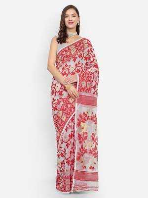 Bengal Handloom Soft Lata Dhakai Saree (White Red) Without Blouse 1