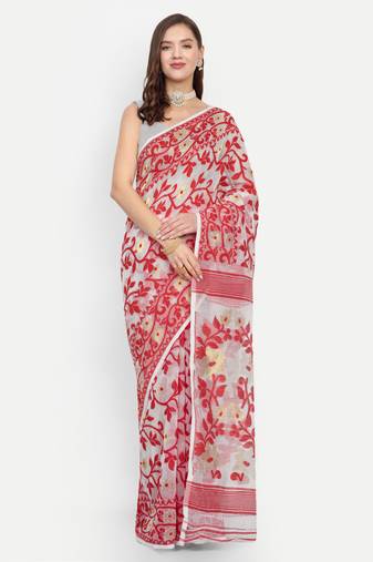 Bengal Handloom Soft Lata Dhakai Saree (White Red) Without Blouse