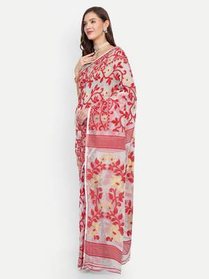 Bengal Handloom Soft Lata Dhakai Saree (White Red) Without Blouse 2